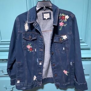 Wax jeans distressed denim floral embroidered jean jacket EUC